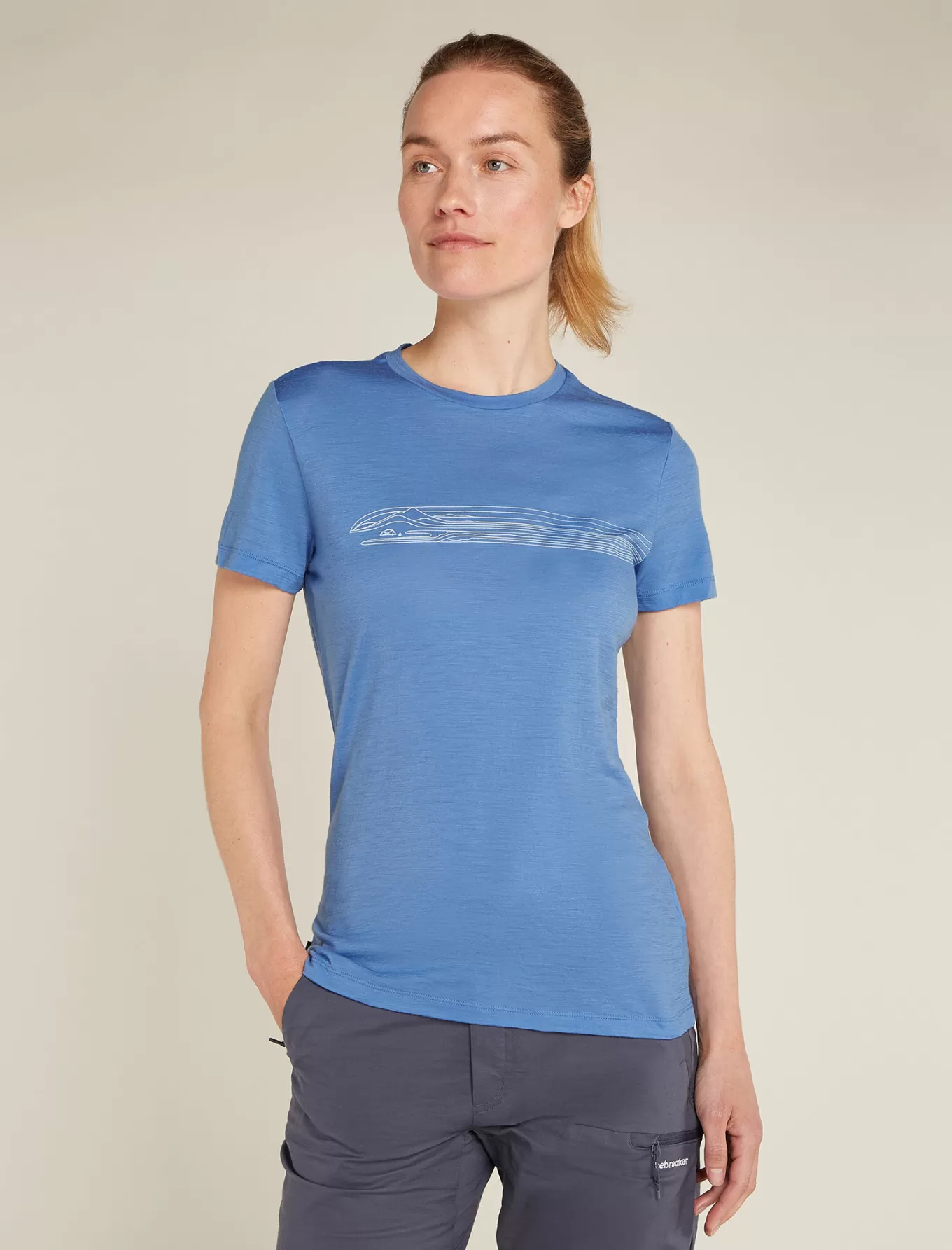 New Icebreaker Merino 150 Tech Lite Short Sleeve T-Shirt Camping Lines Damen Baja
