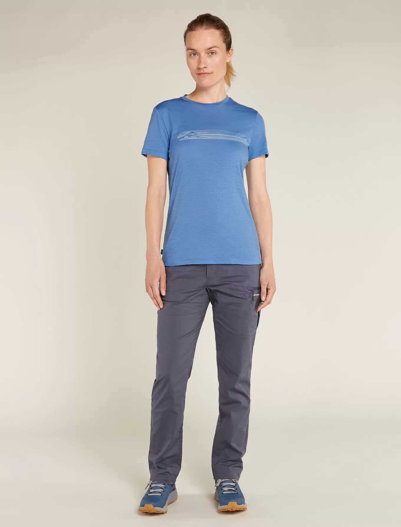 New Icebreaker Merino 150 Tech Lite Short Sleeve T-Shirt Camping Lines Damen Baja