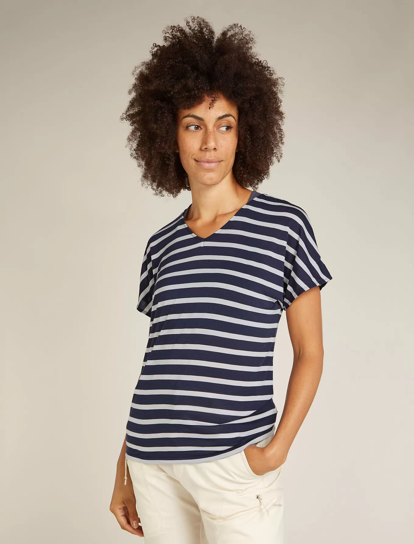 Discount Icebreaker Merino Drayden Reversible T-Shirt Stripe Damen MidnightNavy/Snow